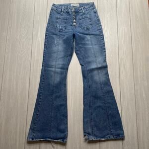 Banjara Women's Blue Denim Button Fly Distressed Flare Jeans Size 27 / 7